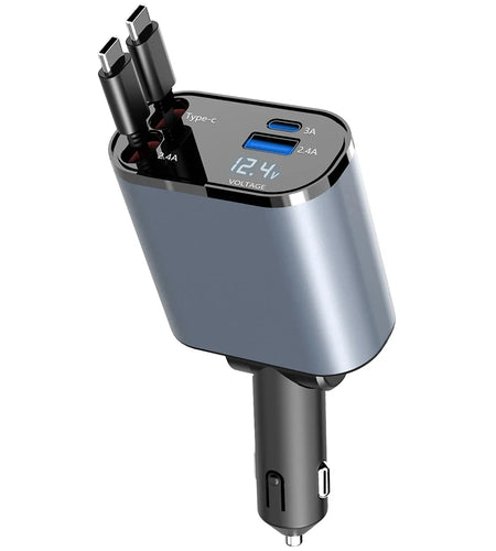 Retractable Car Charger, 4 in 1 Fast Charging Car Charger 120W, Retractable Cable and 2 USB Ports Car Charger Adapter Compatible