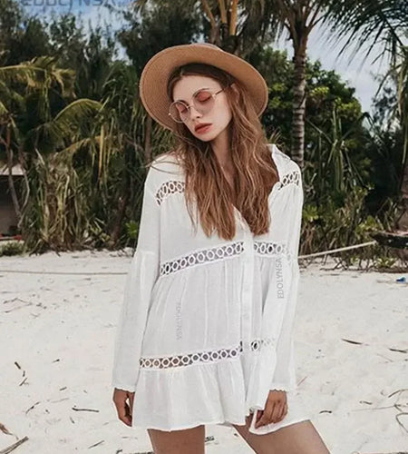 Women Swimsuit Cover Ups Mandarin Sleeve Kaftan Beach Tunic Dress Robe De Plage Solid White Pareo Beach Cover-Ups #Q429